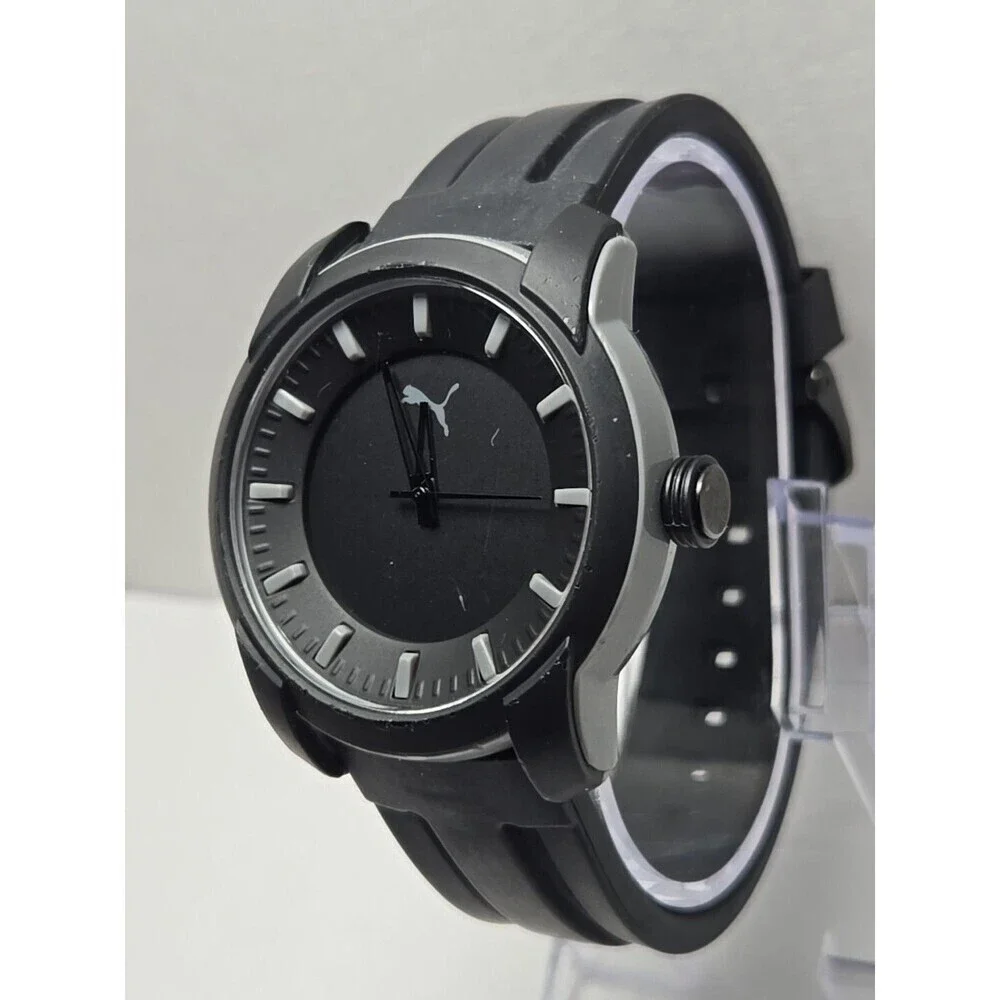 Mens Puma 2 Three Hand 45mm Silicone Watch P6018 Black Matte Gray 10ATM